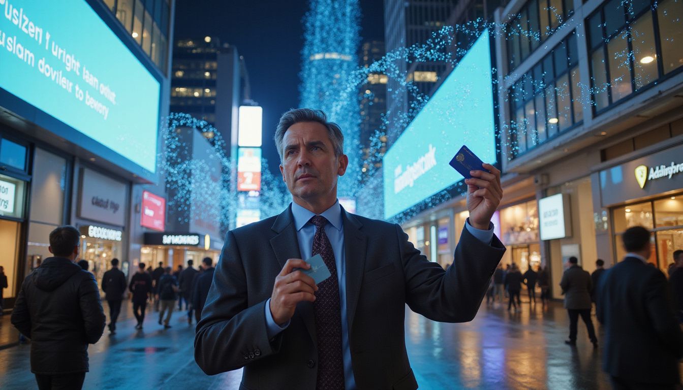 A bewildered man struggles with his loyalty card amidst digital chaos.