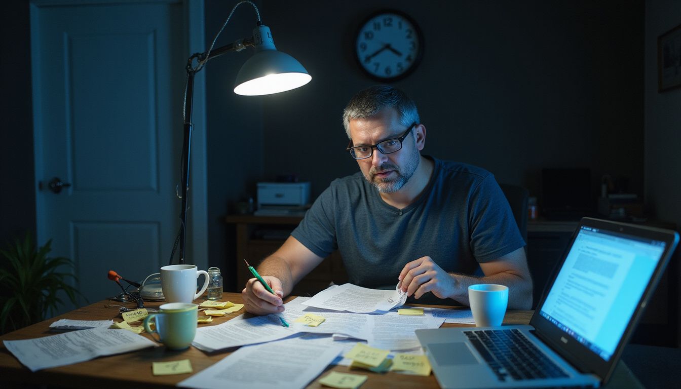 Tired man overwhelmed by privacy policy documents at his cluttered desk.