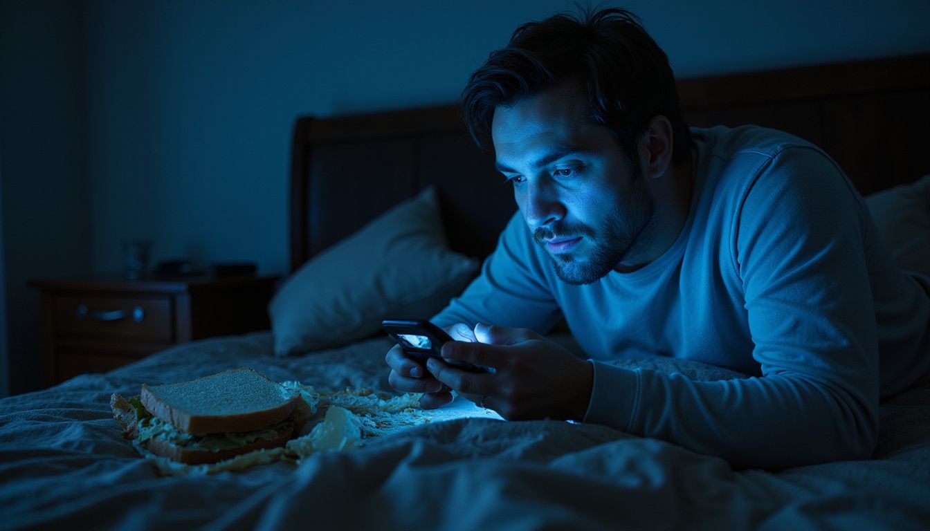 Disheveled man absorbed in his phone amid chaotic bedroom surroundings.