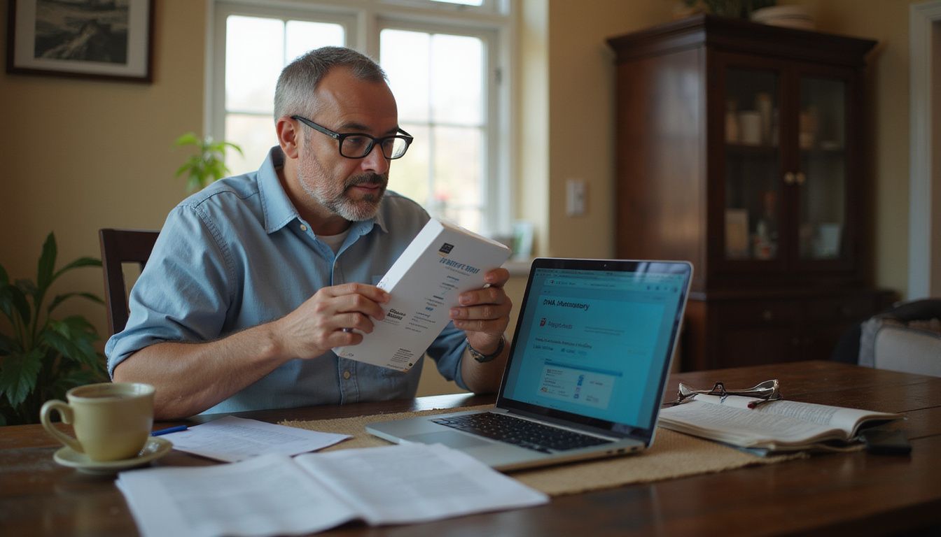 A person contemplates a DNA testing kit at their home desk.