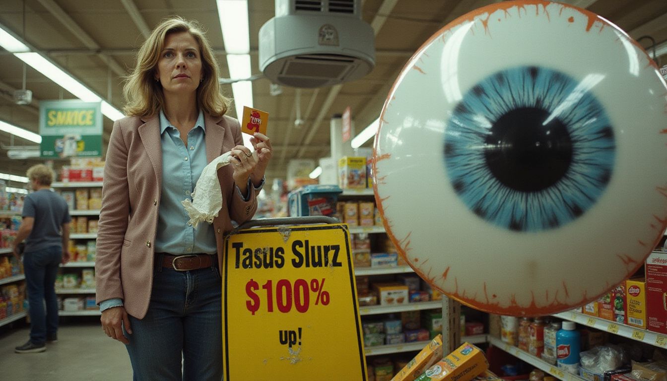 A bewildered woman confronts a giant eyeball sign in a grocery store.
