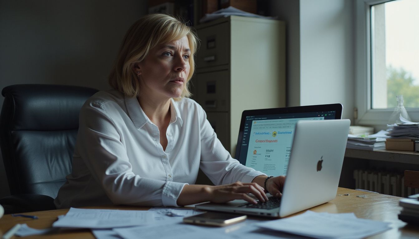 A worried woman reviews alarming credit report documents at her desk.