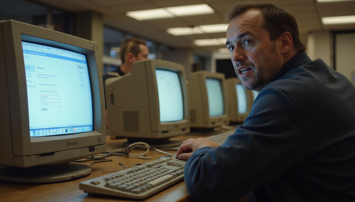 A worried adult uses a public library computer, feeling exposed.