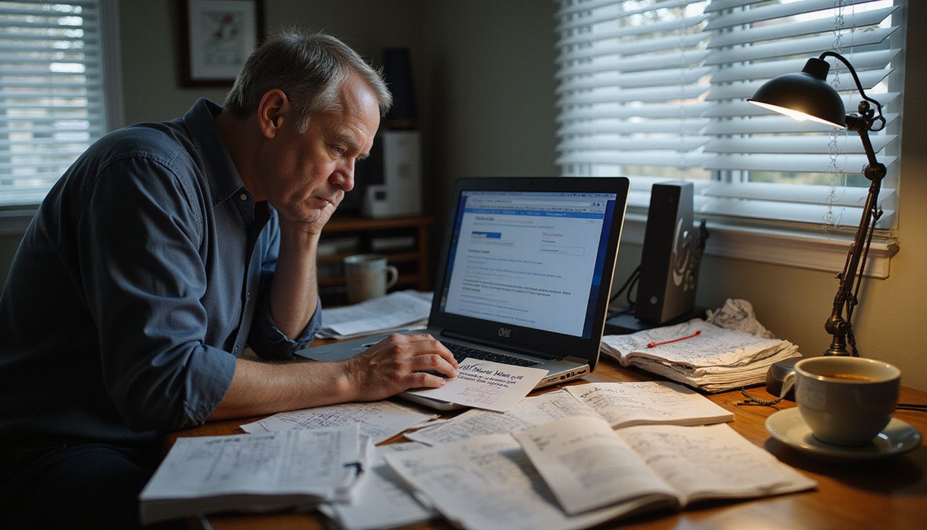 A stressed individual struggles with password chaos and digital security anxiety.