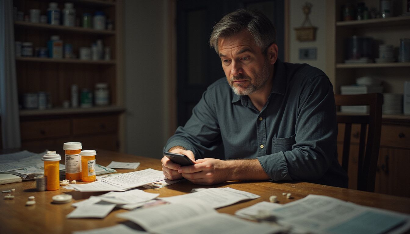 A concerned person reviews vulnerable health data at a cluttered kitchen table.