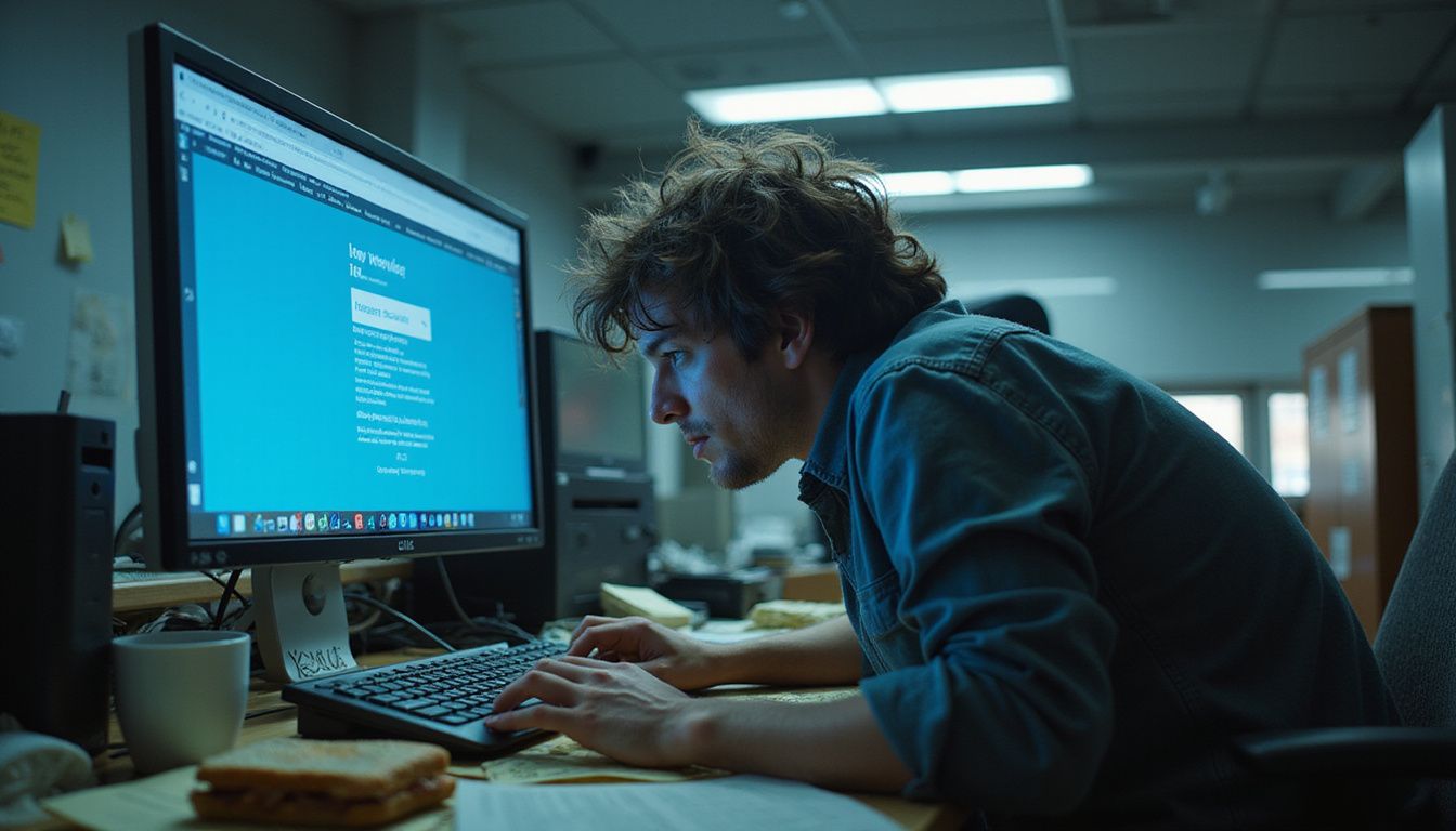 A disheveled person searches franticly through numerous browser tabs at a cluttered desk.