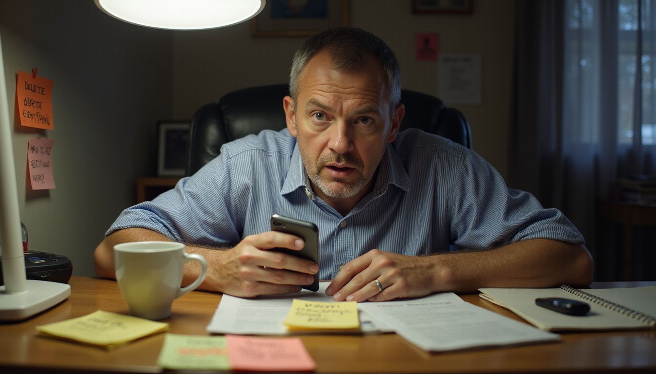 A person frantically manages Facebook privacy while dealing with mom's concerns.