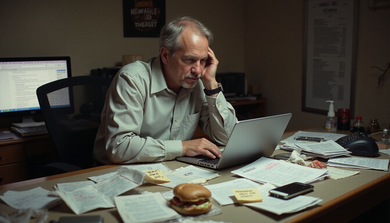 A stressed individual confronts chaotic finances and overwhelming digital distractions.