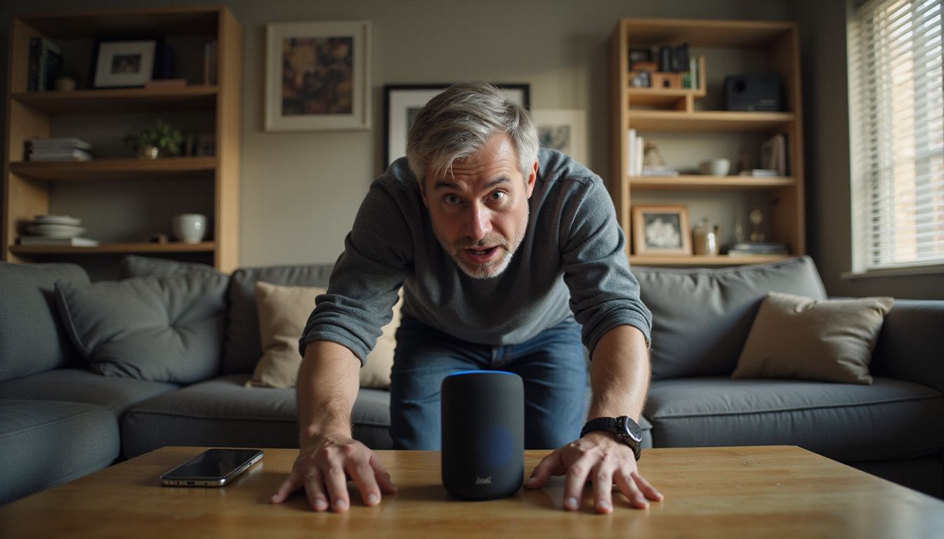 A man intensely debates his smart speaker's music choice in disbelief.