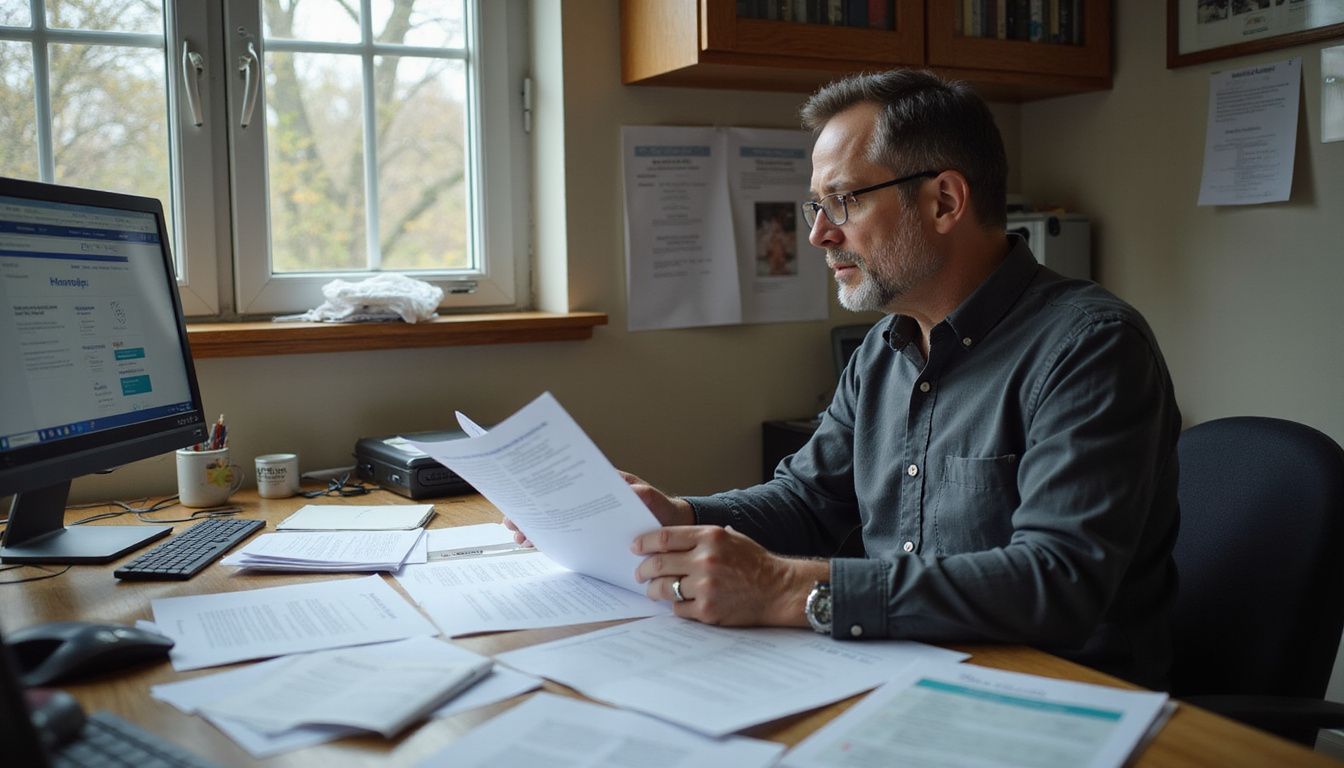 A concerned individual reviews health insurance paperwork at a cluttered desk.