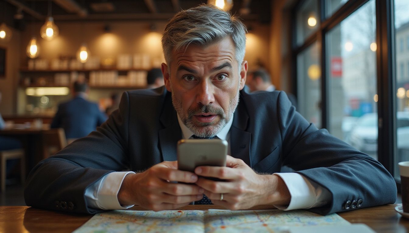 A man anxiously tracks his approaching mother-in-law in a café.