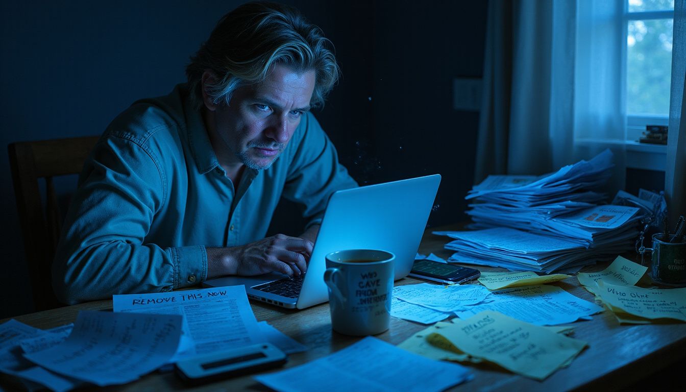 A stressed individual frantically searches to protect their online identity.