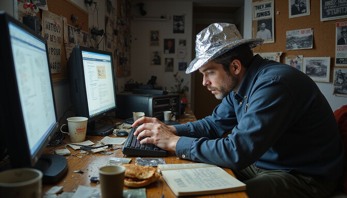 A disheveled adult engrossed in paranoid conspiracy theories and chaos.