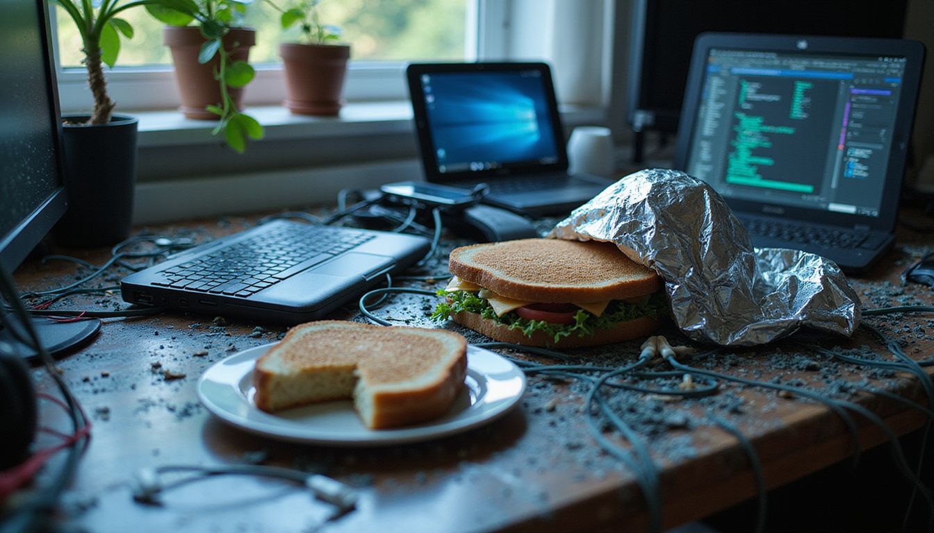 A chaotic tech workspace overwhelmed by devices and clutter.