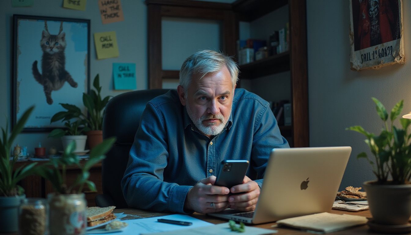A frazzled person faces overwhelming anxiety in a chaotic home office.
